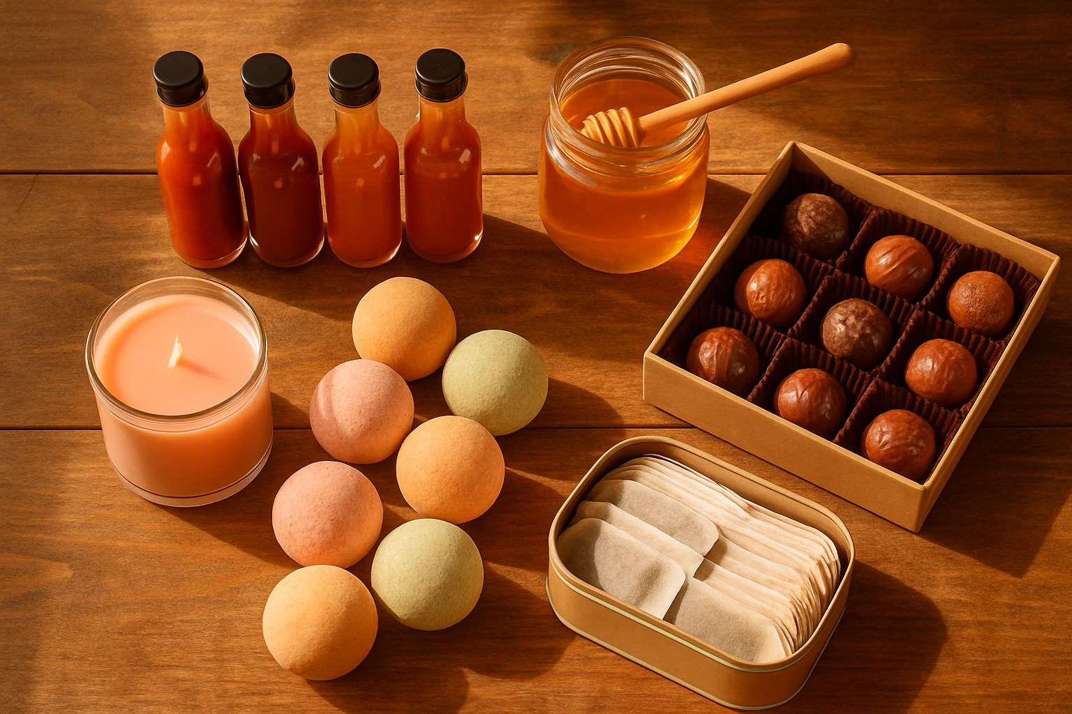 Flat lay of consumable gifts on a warm wooden table including four small hot sauce bottles, a jar of honey with a wooden dipper, a box of chocolate truffles, a tin of tea bags, pastel bath bombs and a peach soy candle