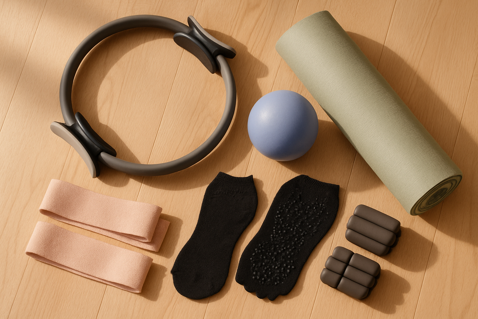 Flat lay of pilates gifts on a light oak studio floor including a grey pilates ring, a periwinkle exercise ball, a rolled sage mat, blush resistance bands, black grip socks and charcoal ankle weights