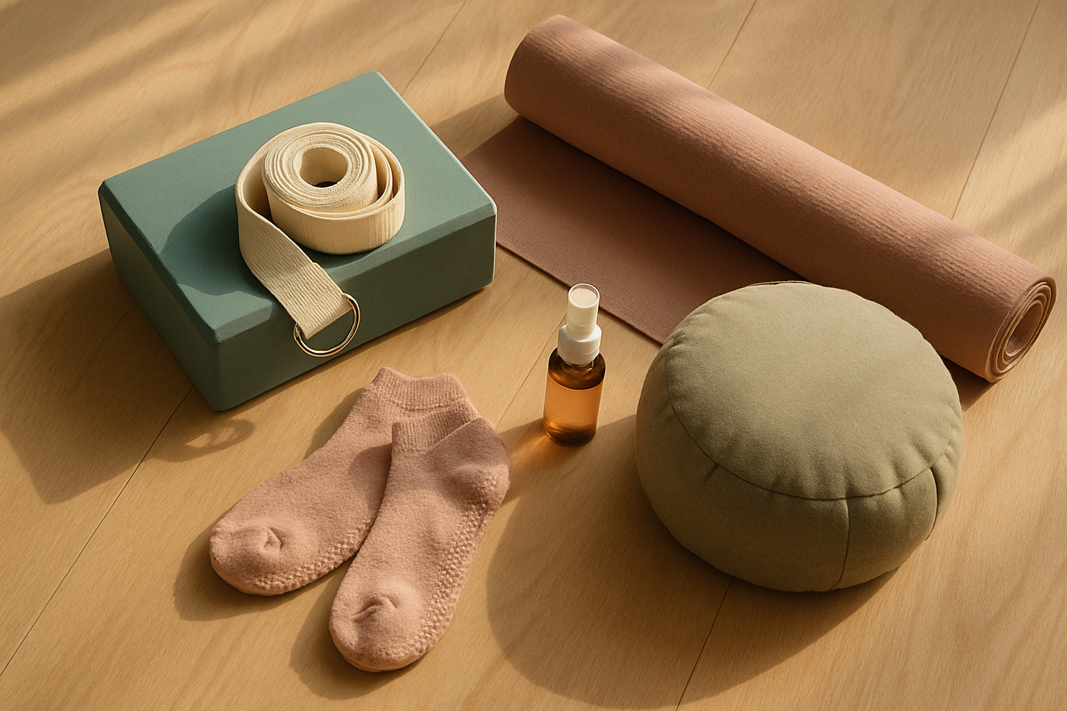 Flat lay of yoga gifts on a light oak floor including a rolled dusty rose mat, a teal foam block, a cream stretch strap, pink grip socks, a lavender mat spray and a sage meditation cushion